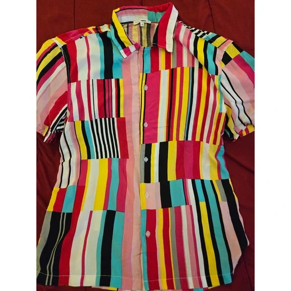 Fashion Nova Men's S Multi Color Block Striped Button-Up Shirt - Picture 1 of 6